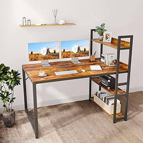 CubiCubi Schreibtisch, 140 x 60 cm Groß Computertisch mit Regal rechts oder Links, Pc Gaming Tisch, Bürotisch fürs Büro Wohnzimmer, Stabil Stahlgestell schreibtische, Braun