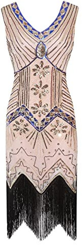 HAHAEMMA - Robe - Style des années 1920 - Pour femmes - Motif : paon - Garçonne - Charleston - Gatsby - Paillettes - Ourlet à pompons - Pour cocktail et bal des finissants, Z-rose, XXL