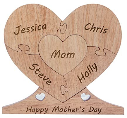 Personalisiertes Holz Puzzle in Herzform, Mama Wooden1-4Name Text Familienname Schlafzimmer Dekoration für Mama Geschenk zum Valentinstag, Muttertag, Geburtstag