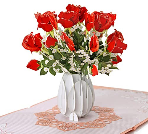 CUTPOPUP Rose Rosse - Biglietto Auguri Compleanno, Biglietto Festa della Mamma, 3D Biglietto Compleanno per Moglie, Mamma, Figlia, Lei, Ragazza (Red Roses) US8-36IT