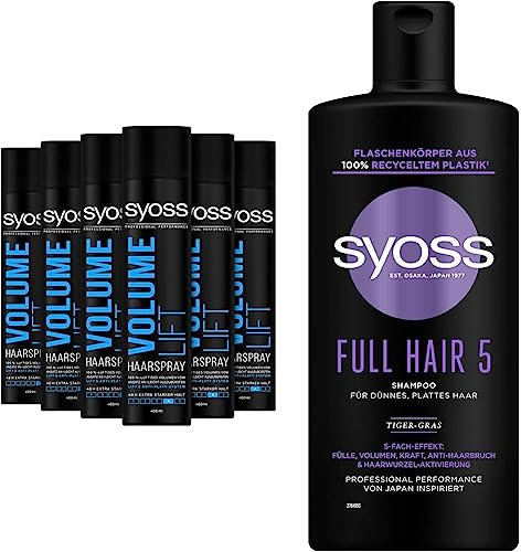 Syoss Haarspray Volume Lift Haltegrad 4 (6 x 400 ml), Styling Spray für 100% luftiges Volumen & Full Hair 5 (440 ml), Volumen Shampoo für dünnes und plattes Haar