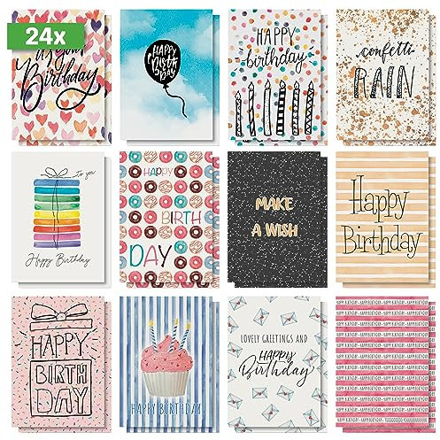 SIGEL DS703 Geburtstags-Postkarten-Set, 24 Stück, Colourful Birthday Fun, A6, 12 unterschiedliche Geburtstagskarten, aus nachhaltigem Papier