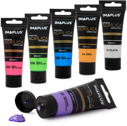 IMAPLUS Pintura Acrílica 6 x 45 ml - Pack pinturas, 45 Colores, 6 Tubos o botes de Pintura, No Tóxica, para Manualidades, Lienzos, Tela, Madera - Pack Metalizados