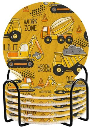 Yellow Construction Work Zone Untersetzer mit Halter Set von 6 Untersetzern für Getränke Couchtisch Untersetzer Untersetzer für Holztisch