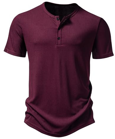 Men's Casual Grandad Collar Henley Shirt Smart Short Sleeve 3 Buttons Muscle Slim Fit Tee Summer Holiday Textured T Shirts Knitted Collarless Polo Tops-Burgundy-L