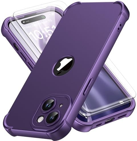 ORETECH for iPhone 15 Case 6.1 inch, with [2 Pack Screen Protector] [Camera Lens Guard] [15FT Military Grade Drop Test] 360° Shockproof Slim Fit Design Rubber Bumper Phone Cover - Purple