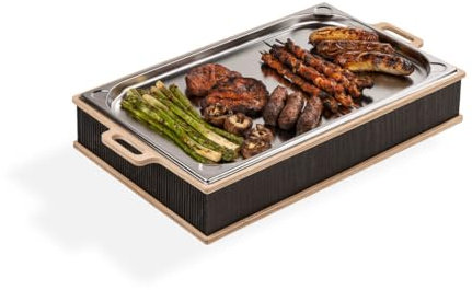 INEXTERIOR Hotty Legacy – Warmhalteplatte fürs Grillen - Grillgut Stövchen mit BBQ-Design – Speisenwärmer – Warmhaltebehälter mit Kerzen - BBQ-Board Grillparty (Schwarz, XL)
