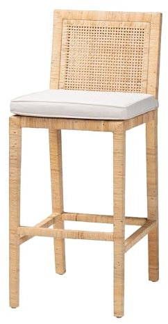 bali & pari Sofia Rattan Seatings with Mahogany Wood Frame - Handwoven Wicker Chairs with Removable Cushion, Bar Height, Natural