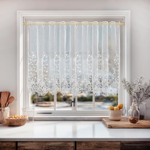 HiSnug Curtain Weiß Scheibengardine für Schönen Fall Jacquard Gardine Hohl Stickerei Vorhang Voile Kurzstore Küche Tür Korridor Gardine H90 x B150 cm - 1 Stück