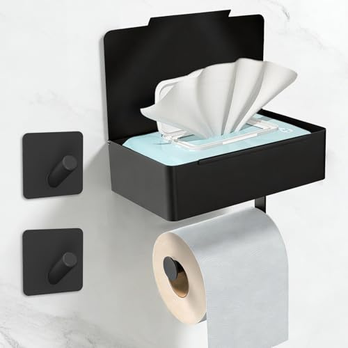 SURFOU Toilettenpapierhalter Ohne Bohren Mit Feuchttücherbox und Zwei Haken,Selbstklebend,Wc Rollenhalter,klopapierhalter Schwarz,3-IN-1 Multifunktion,Wc Papier Halterung,Geeignet für Toilette