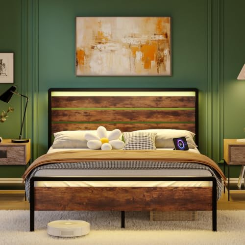 Bonnlo Double Bed Frame with Wooden Headboard, Heavy Duty Legs, 135x190 cm | Smart & Dynamic LED Lights,Charging Station (2AC + USB & Type-C), 30cm Underbed Space, 4ft6 Metal Bed Bedroom, Rustic Brown