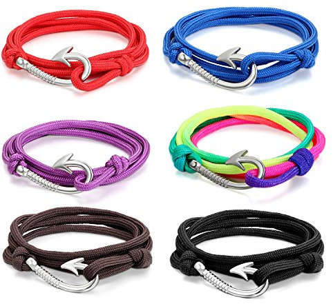 Oidea 6pcs Mens Womens Fish Hook Adjustable Multistrand Rope Wrist Bracelet,31 Inch-Wear as Anklet, Fishhook Pendant Necklace