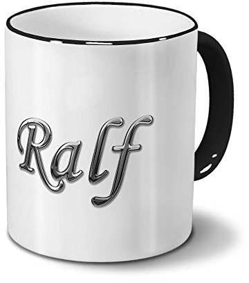printplanet Tasse mit Namen Ralf - Motiv Chrom-Schriftzug - Namenstasse, Kaffeebecher, Mug, Becher, Kaffeetasse - Farbe Schwarz