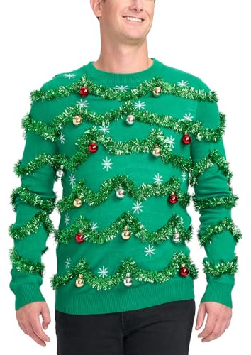 Tipsy Elves Men's Ugly Christmas Sweaters - Funny and Tacky Embellished Christmas Sweaters for Men - Green Gaudy Garland Christmas Sweater with Tinsel and Ornaments Size X-Large