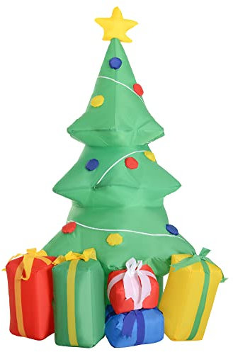 HOMCOM Árbol de Navidad Inflable 1.5m Árbol Decorativo Navideño con Adornos Regalos con luz LED Decoración Navidad con Hinchador 65x75x150 cm Verde