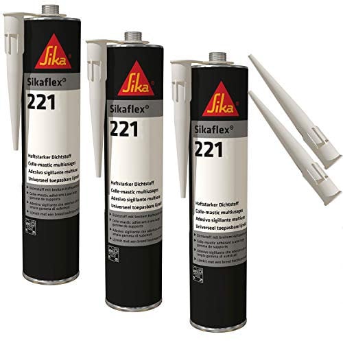 Sikaflex-221 witterungsbeständiger Haftstarker Dichtstoff, 300ml, WEISS, 3 Set mit 5 Düsenspitzen
