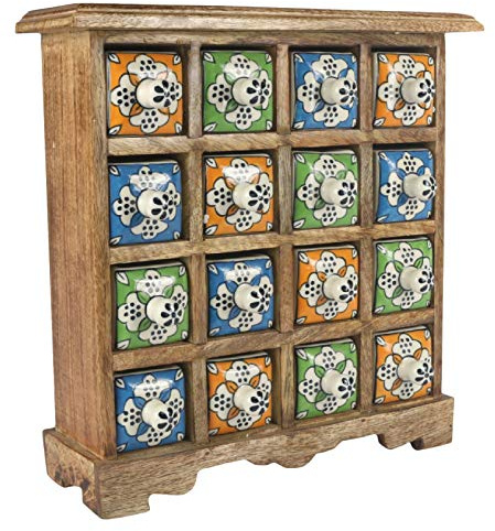 Once A Tree 33.5cm Ceramic 16 Drawer Almirah Spice Chest Jewellery Trinket Storage Mango Wood
