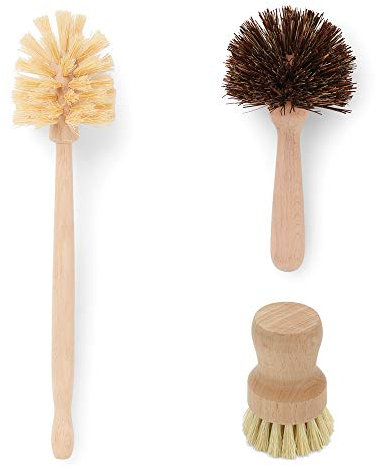Fox Run Pot, Dish and Bottle Scrub Cleaning, Beechwood Handle Bristles, Wood, Set of 3 Natural Kitchen Brushes