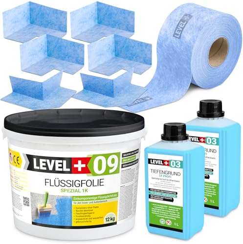 Dicht-Set 12 Kg Flüssigfolie, Tiefengrund 2 L, 15m Dichtband, 4 Innenecken | 2 Außenecke, Balkonabdichtung Terrasse Keller Bad SET60