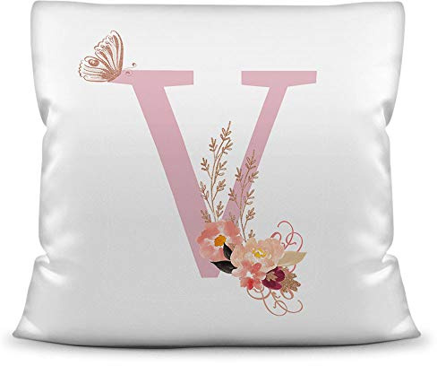Print Royal Kissen mit Anfangsbuchstabe inkl. Kissenfüllung - Buchstabe V in Rosa - Persönliches Geschenk/Deko für Wohnzimmer Schlafzimmer/Buchstabenkissen Monogramm