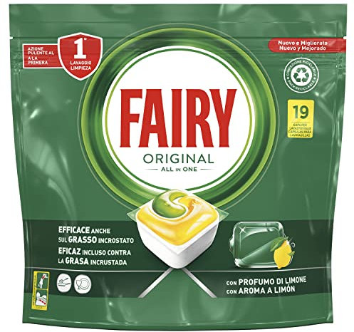 Fairy Original Tutto in Uno Limone, Pastiglie per Lavastoviglie, 19 Capsule, Efficaci Anche sul Grasso Incrostato