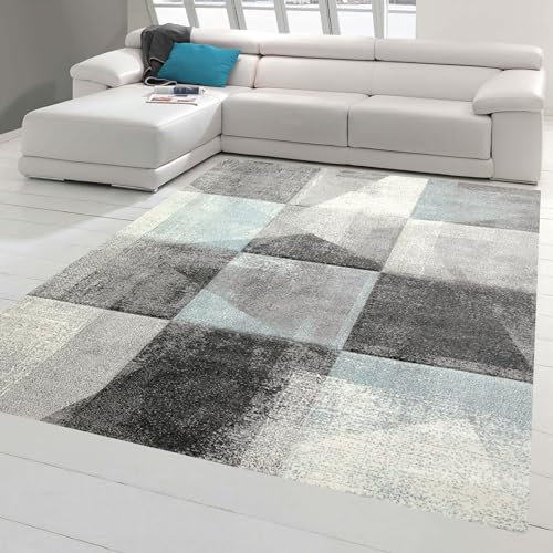 Moderner Konturenschnitt Teppich Wohnzimmer abstraktes Karomuster in grau blau Creme - pflegeleicht Größe 160x230 cm