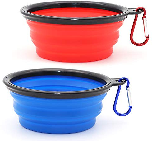 SLSON 2 Pièces Bol Pliant en Silicone pour Chien et Chat - Gamelle de Voyage Pliable (Bleu et Rouge, Petit)
