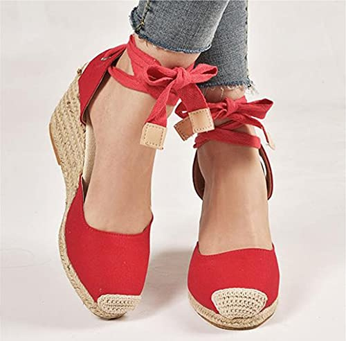 WNRLL Zeppa Sandali Corda di Canapa Plateau Donna Scarpe A Punta Chiusa Estate Cinturino alla Caviglia Casual Scarpe da Spiaggia da Passeggio All'aperto,C,CN 40