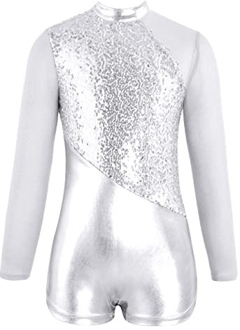TiaoBug Mädchen Langarm Ballettanzug Rollkragen Ballett Trikot Pailletten Body mit Bein Gymnastikanzug Turnanzug Ballettkleidung gr. 110-164 Silber B 134-140