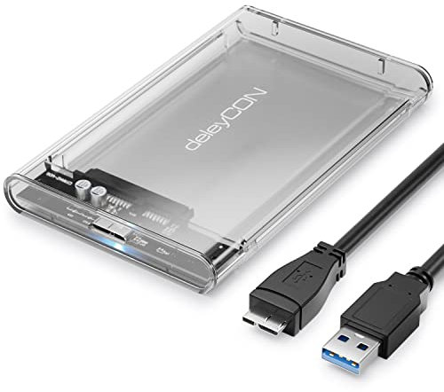 deleyCON SSD Festplattengehäuse USB A (5Gbps USB 3.1) für 2,5“ Zoll SATA 3 SSD / HDD / 7 mm bis 9,5 mm SATA III Festplatten Externes Gehäuse UASP [Transparent]