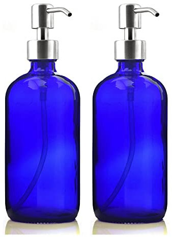 Distributeur de Savon Distributeur de Savon Liquide de 2 pcs 500 ML Vide Cobalt Bleu Verre Flacon avec Pompe en Acier Inoxydable for assainisseur Mains lotions Maison Pompe Distributeur Savon