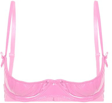 CHICTRY Women's PVC Leather 1/4 Cups Shelf Bra Top Underwired Open Nipple Push Up Bralette Lingerie 3# Pink XXL