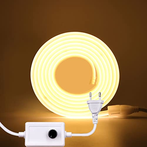Wisada 220V Dimmbar LED Band 6M, 288 LEDs/m Flexible Hohe Dichte Warmweiß 3000K CRI≥85 FCOB LED Streifen, IP65 Wasserdichte Superhell COB LED Lichtband mit Dimmer für Schlafzimmer, Schrankbeleuchtung