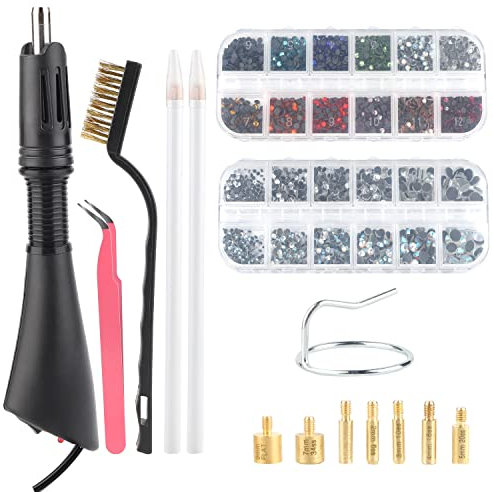SWAWIS Hotfix Strasssteine Applikator Hotfix Applikator 3 Boxen Mix Farbe Flache Glitzersteine Strasssteine für Textilien Hotfix Strass Applikator Set mit 7 Applikatorspitzen, Schwarz