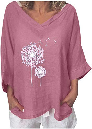 Susenstone T-Shirts Femmes Chic Coton Lin Blouse Col V Chemisier Manches 3/4 Imprimé Hauts Grande Taille Tops Plage Casual Loose Tee Shirt Tunique Printemps Eté Lâche Respirant Chemise 3XL 01# Rose