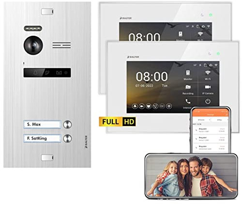 Balter EVO HD Silber/Weiß WiFi Video Türsprechanlage Set für 2 Familienhaus (1x Türstation mit Full HD-Kamera, 2X Touchscreen 7 Zoll Monitor, Smartphone APP, 2-Draht, 175° Weitwinkel)