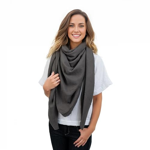 Scandi Linen Musselin Tuch Damen, Viereckig (Einlagig), Halstuch, Schal - Dunkelgrau