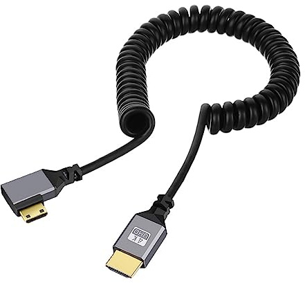 NFHK Mini HDMI 1.4 Male to HDMI Male 4K 60hz Stretch Coiled Cable Left Angled 90 Degree for HDTV Computer Laptop Monitor