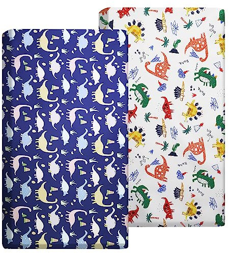 Juego de 2 sábanas bajeras para cuna, 140 x 70 pulgadas, 100% algodón, suave, hipoalergénicas, totalmente elásticas, transpirables, de fácil cuidado (dinosaurio)