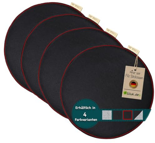 SILUK gemütliches Sitzkissen aus Filz Ø 36cm - Komfortable Waschbare - 4er Set Grau I Schwarz für Bank Stuhl (schwarz-rot)