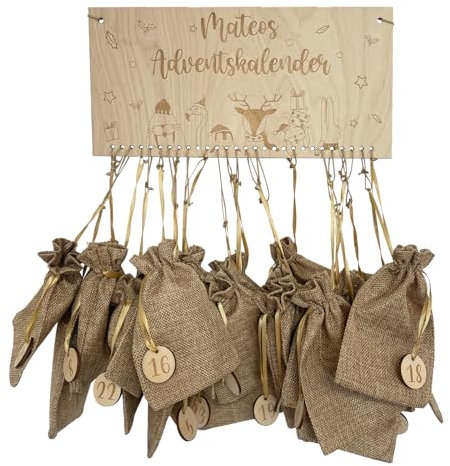 Alsino Adventskalender personalisiert Holz Kinder Holzzahlen Geschenkidee Weihnachten mit Namen 24 Jutesäckchen zum selbstbefüllen DIY Weihnachtskalender Befüllen Basteln
