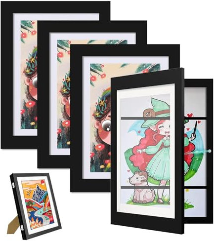 Atildp 4 Stück A4 Bilderrahmen 21x30cm, Bilderrahmen Kinderzeichnungen hölzerner Fotorahmen | Befüllbarer Klapprahmen zur Aufbewahrung & Darstellung von Kunstwerken (Schwarz, 4 STÜCK)