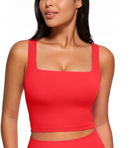 CRZ YOGA Women's Butterluxe Square Neck Sports Bra Padded Wireless Crop Top Gym Workout Tank Tops Camisole with Built in Bra Deep Red 12
