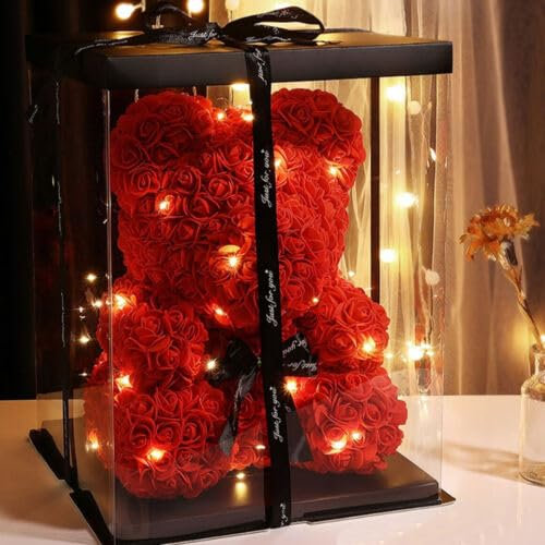 Vivo Technologies Rose Teddy Bear with Transparent Gift Box | Rose Petals Flowers Teddy Bear Present for Wife/Mom/Girlfriend/Daughter Anniversary Birthday | Just For You