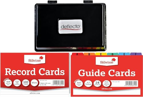 AbbeyShake Record Card Holder Black Box with 1 Pack of 100 Record Cards 6x4 and 1 Pack of Guide Cards 6x4