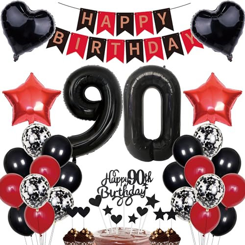 90th Birthday Cake Decoration - Black & Red Garland, Balloons & Confetti - Includes Number 90 Balloons