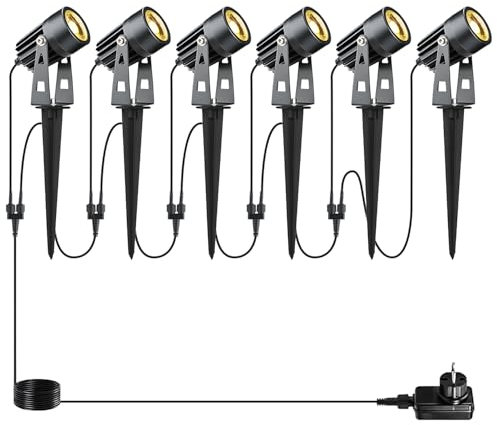 6pcs focos de jardín LED de luz de jardín, blanco cálido 3000K COB aluminio, iluminación de jardín LED con Pincho, lámpara de jardín 12V 20W IP65 Impermeable para jardín exterior, árbol de césped
