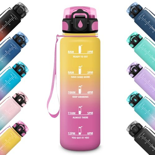 HoneyHolly Gourde Sport, 1000ml Étanche & Réutilisable, Anti-fuite Bouteille, Motivation avec Marqueur Gourde, Bouteille d'eau, Gourdes pour Gym, Adulte, École, Bureau, Yoga, Camping