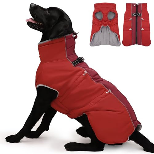 Katzinst Fleece Hundemantel Grosse Hunde, Winddicht Hundejacke mit Reißverschluss Hinten und Rollkragen, Perfekt für Kalte Wintertage, Hundemantel Labrador, Dobermann, Rot, 2XL
