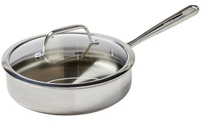 T-fal Pro Tri-Ply Stainless Steel Saute Pan with Lid 3 Quart Induction Compatible Oven Safe 500F, Lid 350F, Deep Frying Pan, Fast & Even Heat, Professional Quality, Durability, Dishwasher Safe, Silver